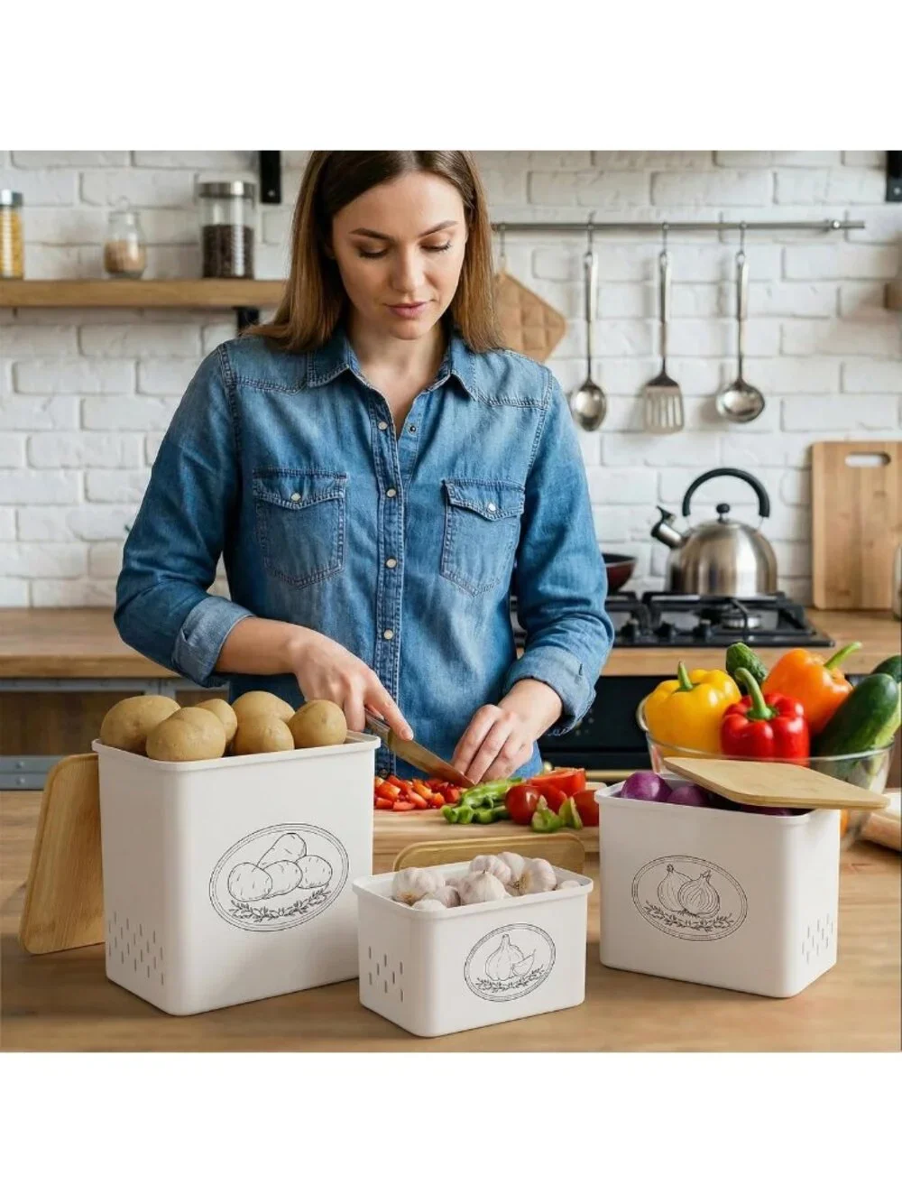 Set of 3 White Plastic Storage Bins for Potatoes & Onions - Kitchen Organization
